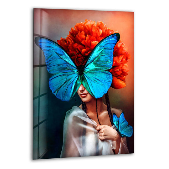 Glass wall art surreal portrait of a woman bold butterfly with cool decor and surreal touch