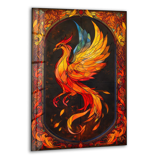 A fiery phoenix in stained glass, a timeless piece of home decoration frozen in flight against a dark, textured background.