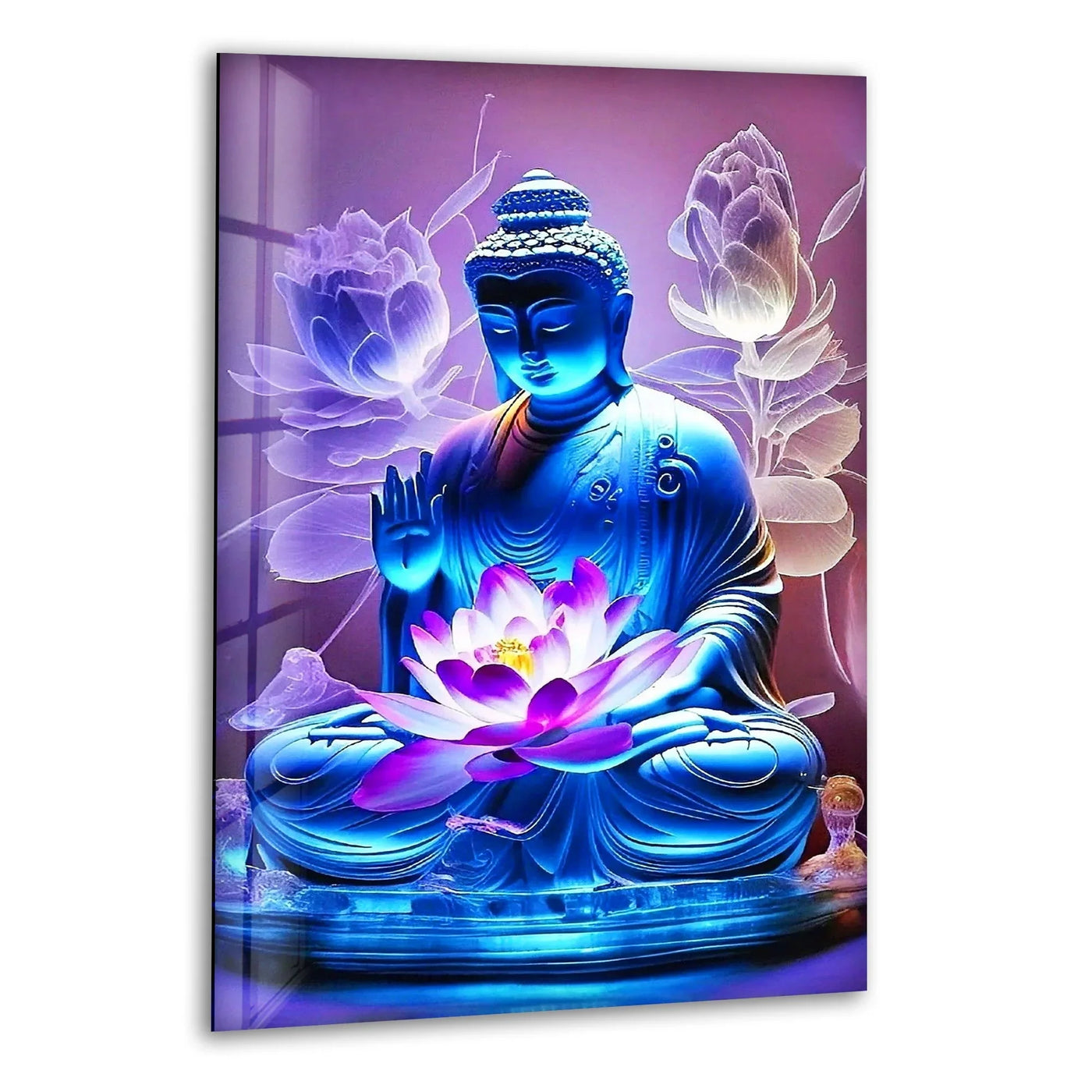 Highlighting the focal point, this serene Buddha Lotus Flower glass wall art captivates with its spiritual symbolism and exquisite use of glass art.