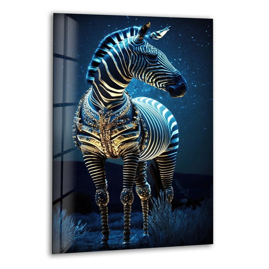 A majestic blue night zebra made of intricate metallic armor stands under a starry sky as stunning home decor.