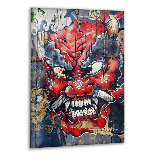 Yakuza Glass Wall Art features a striking, distressed finish, showcasing a fierce red demon mask in vibrant detail.