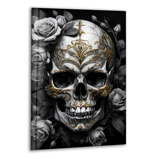 A detailed glass wall art piece showcases a gothic skull with ornate gold filigree emerging from layered, grayscale roses, creating unique modern wall decor.