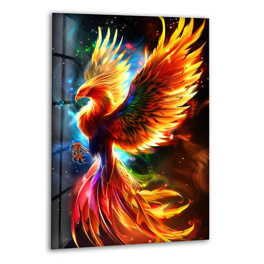 A majestic phoenix bursts with fiery light and vibrant colors, creating stunning art from glass.