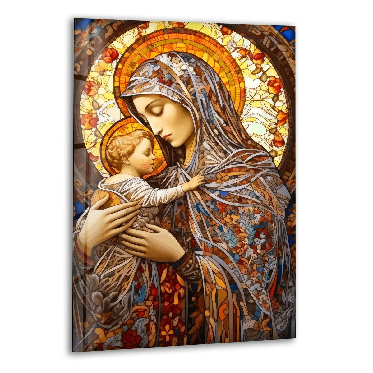 Warm color temperatures radiate from this Jesus and Virgin Mary glass wall art, highlighting the intricate details of the stained glass art.