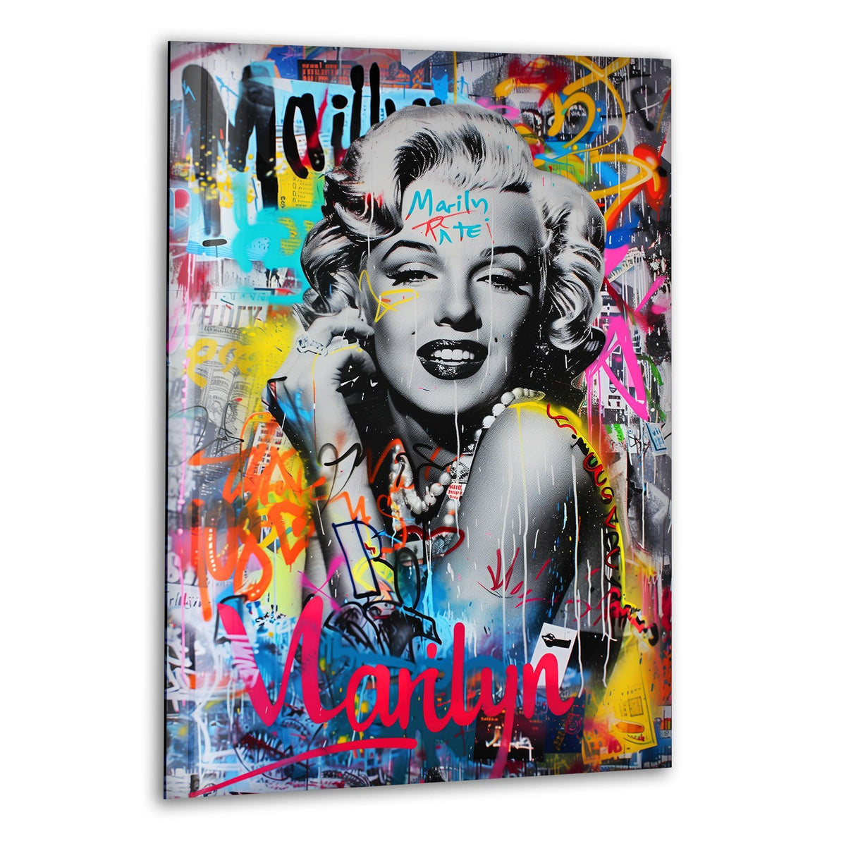 Marilyn Monroe graffiti glass printing artwork with dark, black, and intense shadowy areas contrasting vibrant colors.