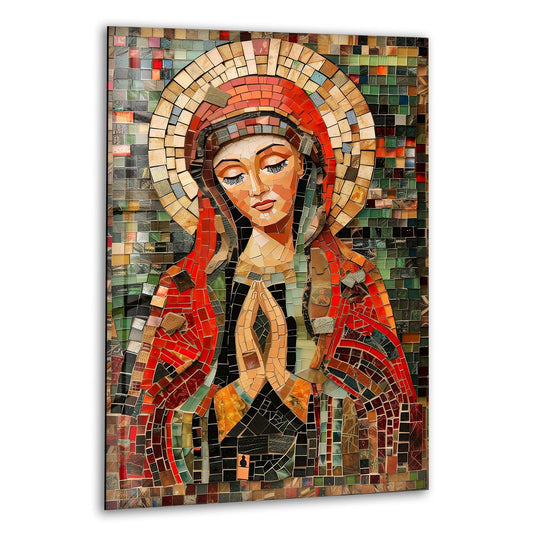 Composed of geometric tesserae, this glass wall art decor depicts Mireille Swinnen's mosaic of the Virgin Mary.