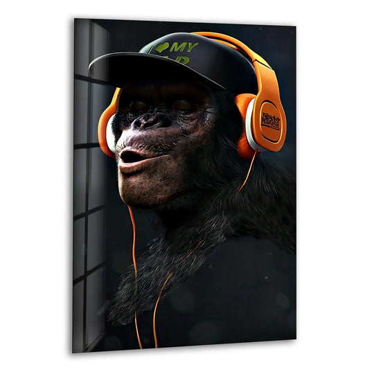 A cool chimpanzee in a cap and orange headphones conveys a fun mood for home decoration.