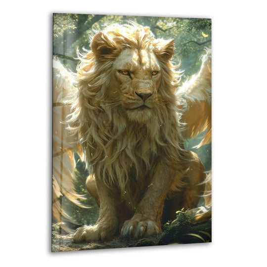 A majestic winged lion's mane flows with a windswept sense of movement in this art from glass.