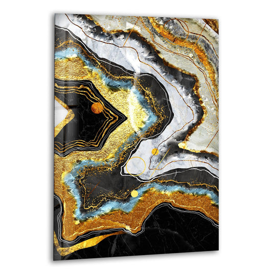 Abstract glass art features a textured surface with opulent gold, black, and blue marbled layers creating a luxurious visual.