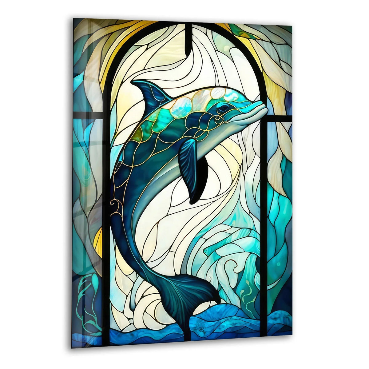The stained glass wall prints showcase a rhythmic flow of sapphire waves and golden swirls around a leaping dolphin.