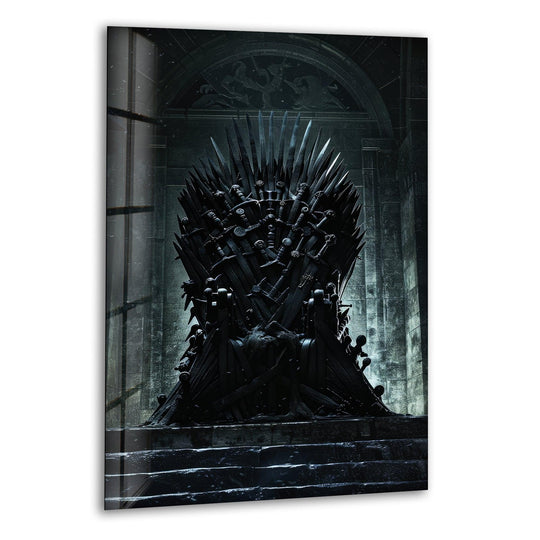 The menacing Iron Throne, a gothic fantasy glass wall art piece, captures attention as a bold piece of unique modern wall decor.
