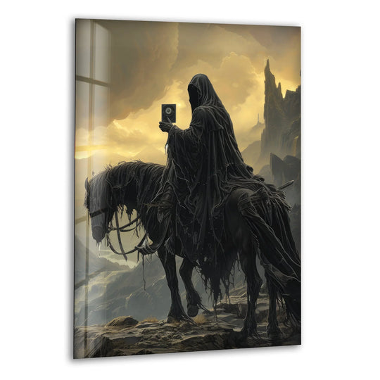 Warm color temperatures emanate from the mystic book and golden clouds in this dark rider glass wall art, lending an eerie glow to the home decoration.