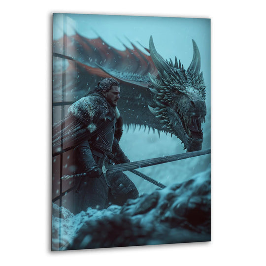 Deep shadows accentuate the snow warrior and ice dragon in this dark fantasy glass art, highlighting the interplay of light across the wintry scene.
