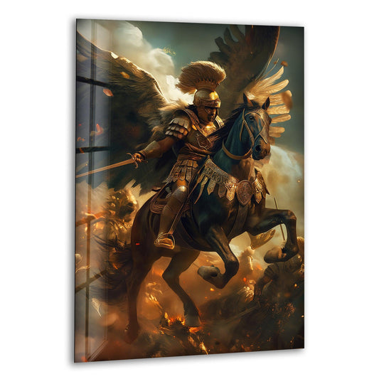 The abstract quality of the Roman Warrior glass art painting showcases a dynamic scene, blending the realism of the warrior with dreamlike elements.