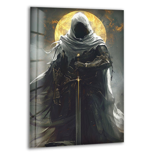 Swirling wisps around the hooded shadow knight amplify the sense of movement in this golden-haloed, dark fantasy hanging wall art.
