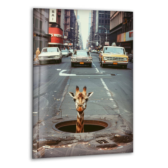 A giraffe emerges from a manhole in a busy street, creating a surreal focal point within the vast negative space of the urban landscape, featured in this glass wall artwork.