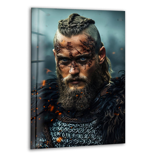 Subtle fur trim softens the gaze of a battle-scarred Viking warrior in this intense portrait, a striking piece of print wall art on glass.