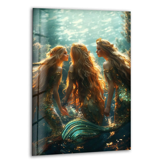 The tranquil mood of this Mermaids glass art is captured in the ethereal underwater scene, making it an enchanting piece of glass art.