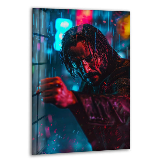 The darkest area of the intense cyberpunk glass wall art features an iconic rain fighter portrait, emphasizing the dramatic effect of art from glass in neon-lit scenery.