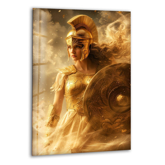 Golden lady Athena tempered glass wall art features a striking color contrast between her bright armor, flowing hair, and the ethereal, misty background.