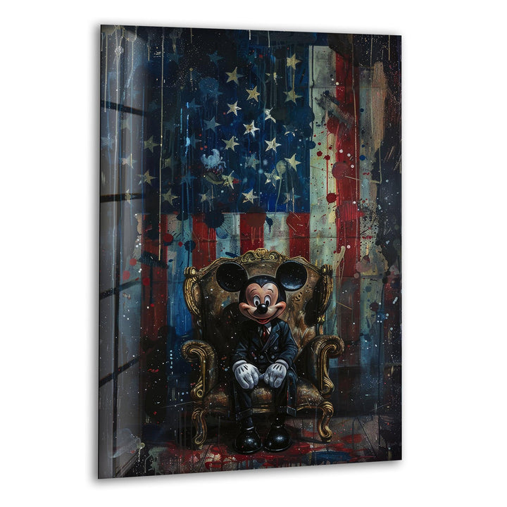 Mickey Mouse & US Flag Glass Wall Art glass art painting, glass art for the Wall
