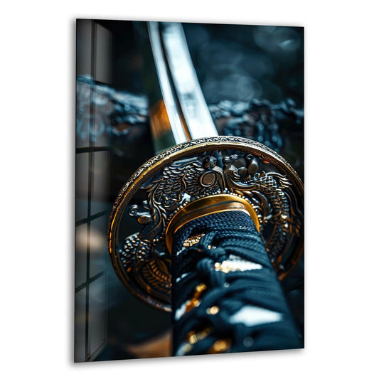 The brightest area of the samurai sword glass wall art features the gleaming metal blade and ornate gold-accented hilt, a striking addition to any home decoration.