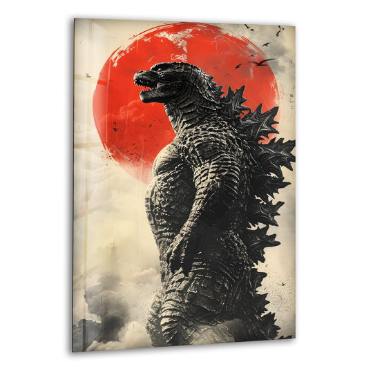 Wispy clouds surround the minimalist city in giant monster red sun wall art prints, creating a gentle contrast to the imposing creature silhouette.