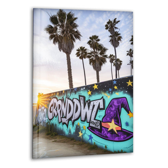 Softest clouds drift above vibrant palm trees and graffiti on this tempered glass wall art.