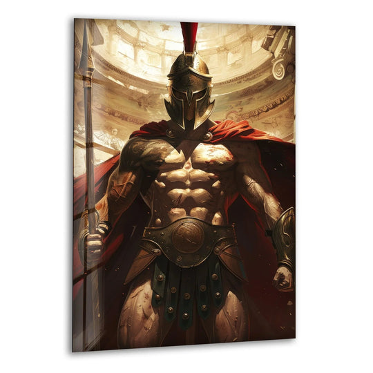 Vertical and rectangular spartan warrior glass wall art enhances your home decor with a cinematic display of bold strength and timeless valor.