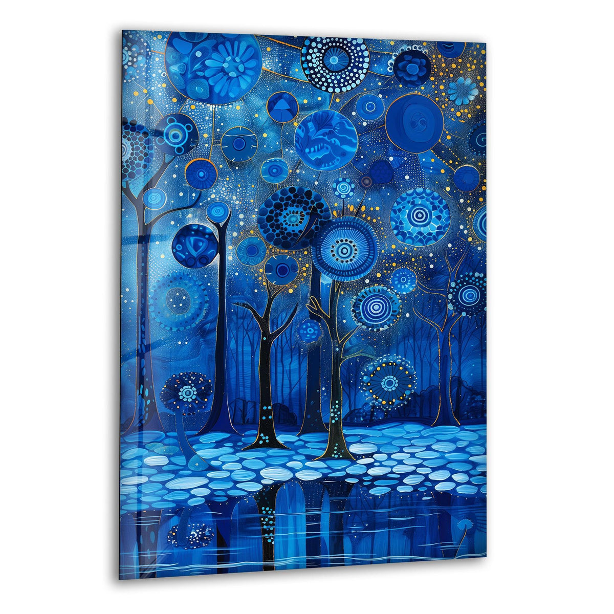 Negative space surrounds whimsical blue abstract circular trees, enhancing this unique modern wall decor.