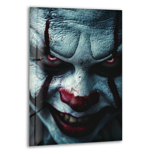 Foreground details highlight the chilling sinister clown face on this dark horror glass wall art, showcasing exceptional glass printing.