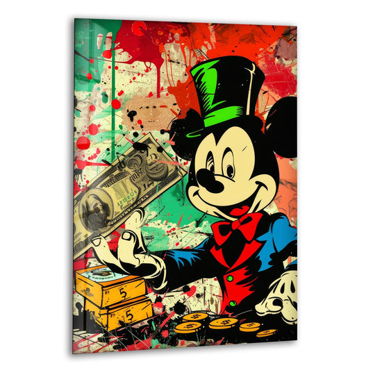 The darkest area shows the black accents of the cartoon's top hat and jacket highlighting the cartoon money pop art in the glass wall art decor.