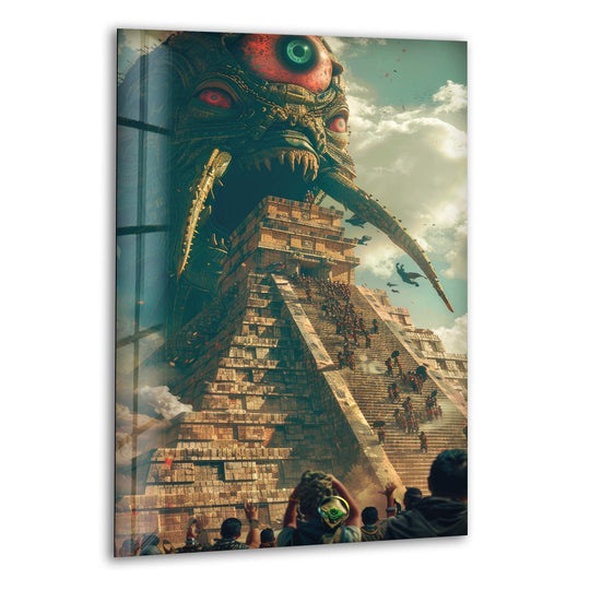 Vibrant skies with scattered clouds form the backdrop to this ancient pyramid monster awakening depicted in tempered glass wall art.