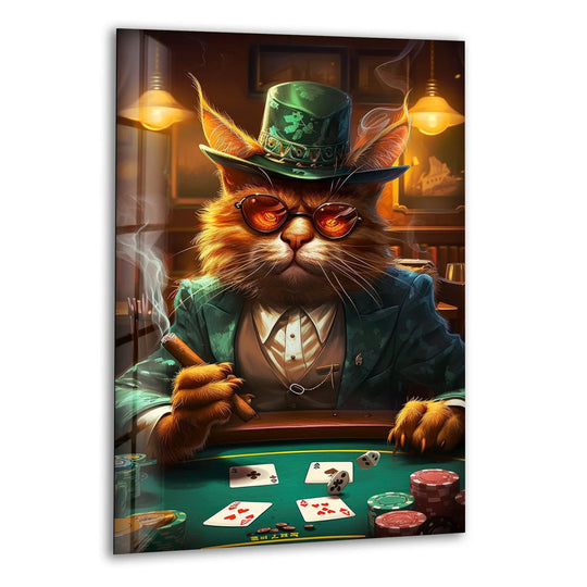 Layered depths of this cool art capture a sophisticated cat in a green suit and hat, playing poker amidst smoke and cards on glass printing.