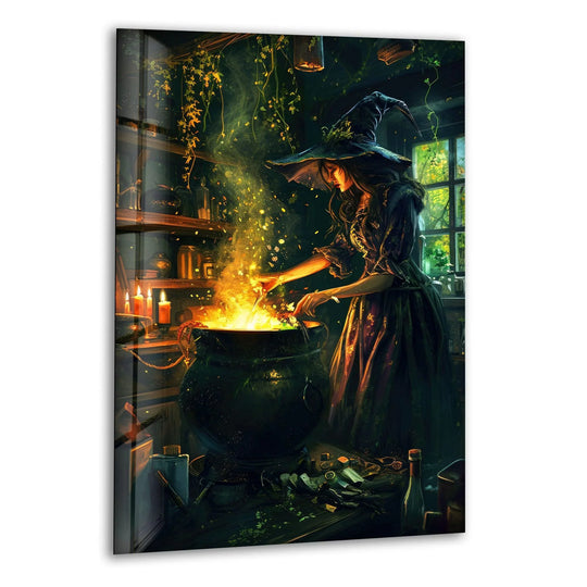 A witch stirs a glowing cauldron in this captivating glass printing artwork, surrounded by mystical ingredients.