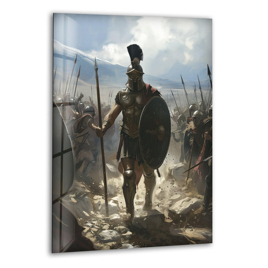 Featuring its sleek edge and transparent borders, this spartan warriors glass art painting offers a modern aesthetic that enhances the powerful imagery.