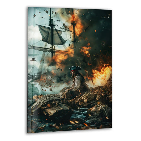 Brooding is the mood of this glass wall art, portraying a pirate amidst a burning ship battle and stormy sea, ideal decorative wall art for dramatic spaces.