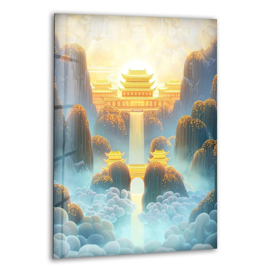 Illuminated by the sun, the brightest area showcases a golden Chinese structure in this glass wall art, a stunning addition to your collection of wall prints.