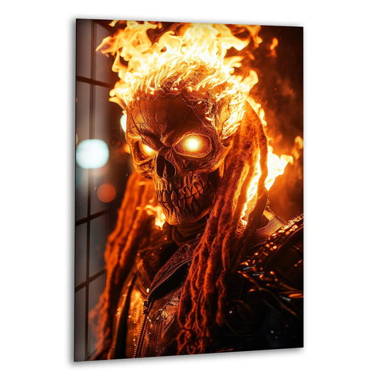 Foreground shows the dark fantasy glass wall art, a flaming skull rider that adds a bold touch for home decoration with its intense fire design.
