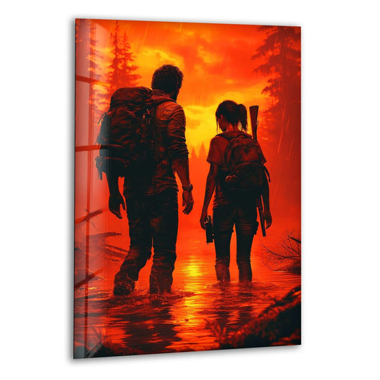 Sunlight reflecting in the water creates the brightest area in this survival journey duo sunset reflection tempered glass wall art.