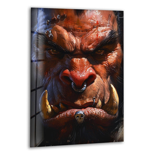 Stillness captures the intense gaze and unwavering expression in this fierce orc warrior close-up glass art painting, rendering a powerful character portrait.