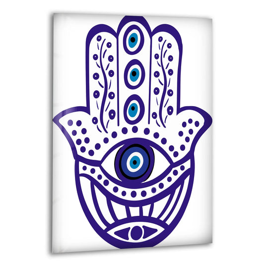 Vibrant sapphire blues transition into navy on this protective hand of fatima glass art painting.