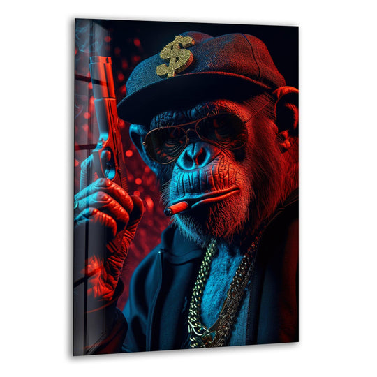 Abstract glass art painting of a styled chimpanzee in red and blue light, embodying cool wall art.