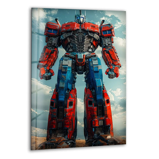 Cool blues contrast the warm reds in this futuristic giant mecha robot glass art, creating a visually striking piece of glass wall art.