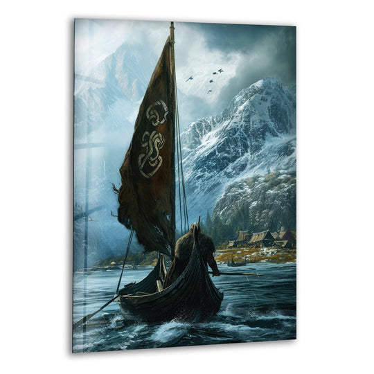 Illuminated by the sun, the brightest area highlights the stunning Viking Ship glass wall art, a captivating home decoration showing an epic Norse longship scene.