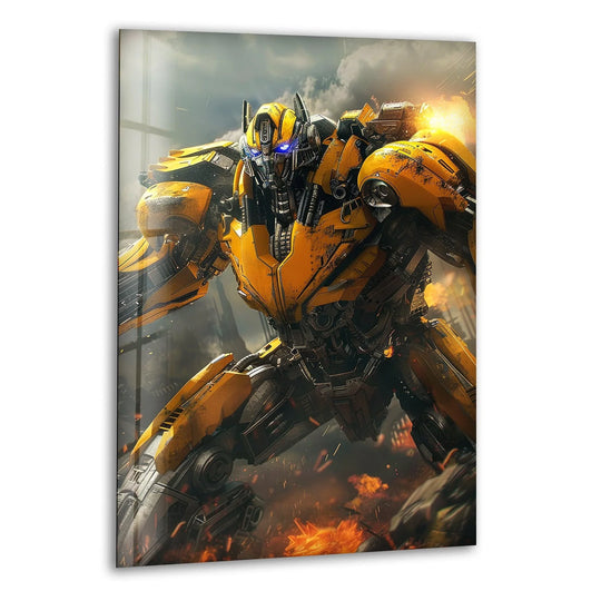 Warm tones of orange and yellow enhance the intensity of the sci-fi battle robot in this glass wall art prints, creating a fiery ambiance around the action figure.