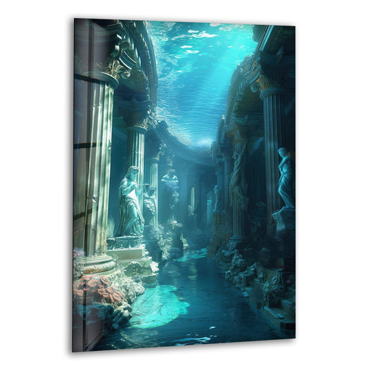 Underwater Atlantis temple is the central subject in this mesmerizing glass wall artwork, showcasing ancient ruins submerged in tranquil, azure depths.
