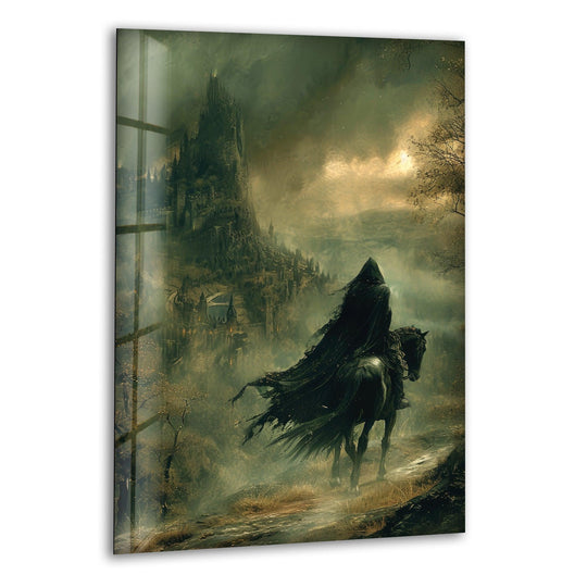 Geometric shards of tempered glass form the dark rider and mystic castle in this fantasy scene, showcasing a modern approach to best glass art.