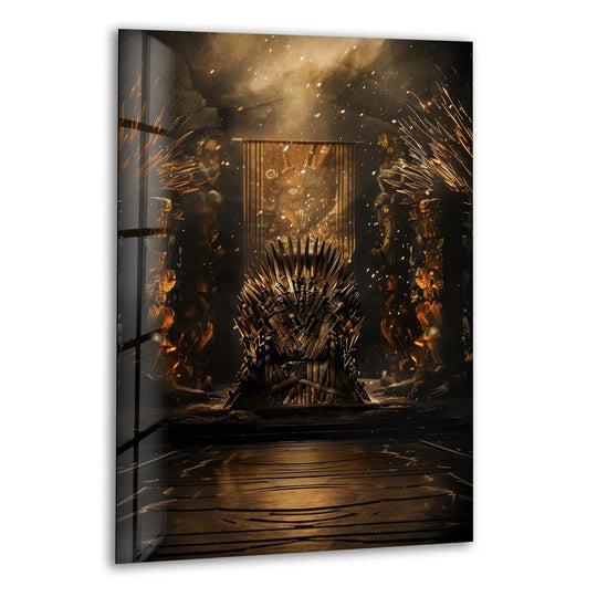Foreground details highlight the lustrous reflections on the Flaming Royal Throne Dark Fantasy Hall decorative wall art, intensifying the dramatic ambiance.
