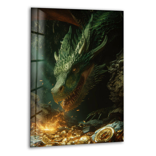 Vivid color saturation enhances this emerald dragon glass wall prints, highlighting its fiery breath and hoard of gold treasure.